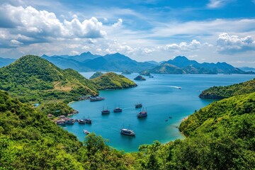 Obraz premium Scenic Bay with Boats and Lush Green Mountains