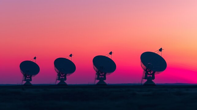 A line of large radio telescopes silhouetted against a vibrant sunset sky, capturing the essence of technology and cosmic exploration. Ideal for themes of science, space, and communication.