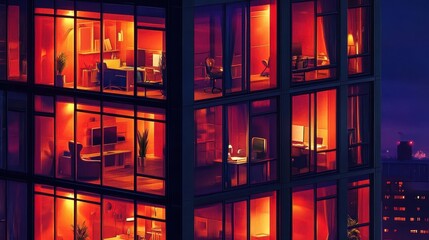 Illuminated Apartments Within A Modern City Building At Night