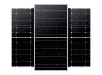 Three solar panels arranged side by side with the middle panel slightly overlapping the others. The panels have a grid of photovoltaic cells, showcasing renewable energy technology. Isolated on white