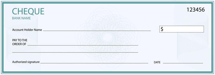 Bill cheque template with watermark and pattern, official business security, layout paper statement, check invoice, accounting blank form, authorization printed blank