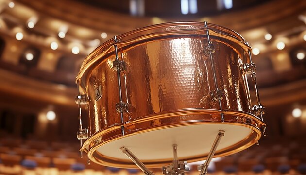A close-up of a professional-grade timpani drum with gleaming copper finishes captured in an orchestra hall