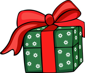 green colour gift Christmas box with golden and red ribbon hand drawn vector image with transparent background 
