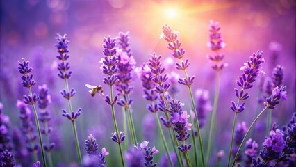 Naklejka premium Lavender flowers blooming in a field against a bright purple rose background with delicate green stems and tiny insects , botanical, garden scene