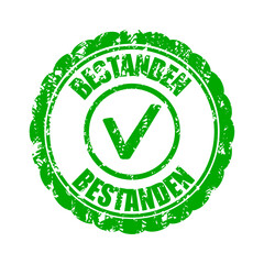 Passed rubber stamp for Germany, exam or test, certified official, success and approved mark, check education document, print for school or university, certification paper, vector illustration