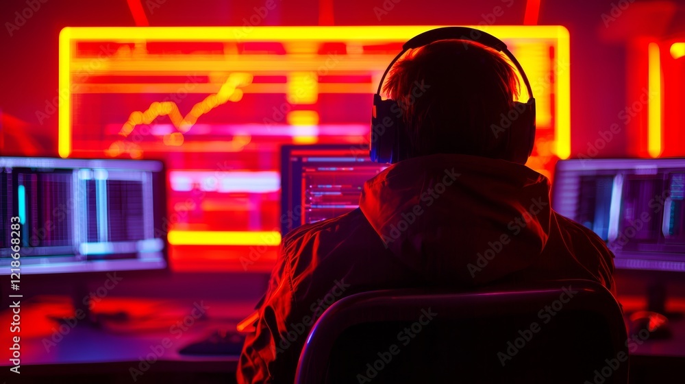 Poster person working late at night with computer data analysis