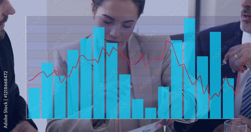 Poster business meeting with bar and line graph data image over participants