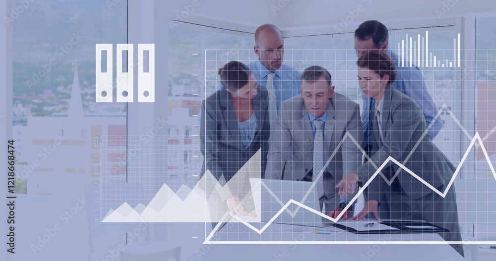 Poster business team analyzing documents with financial data chart image over them