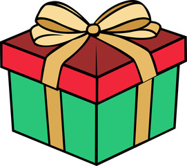 green colour gift Christmas box with golden and red ribbon hand drawn vector image with transparent background 