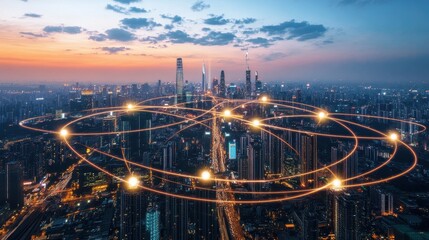 Obraz premium Illuminated Cityscape Showing Interconnected Network at Dusk