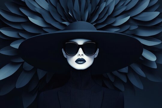 Elegant woman in oversized hat sunglasses abstract floral backdrop