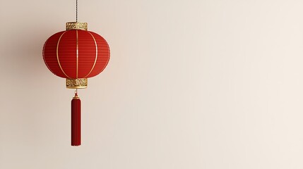 Fototapeta premium A red lantern with a gold trim hangs from a string