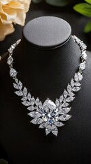 Elegant macro shot of intricate diamond necklace jewelry display sparkling environment close-up viewpoint