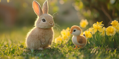 Bunnies and chicks in nature