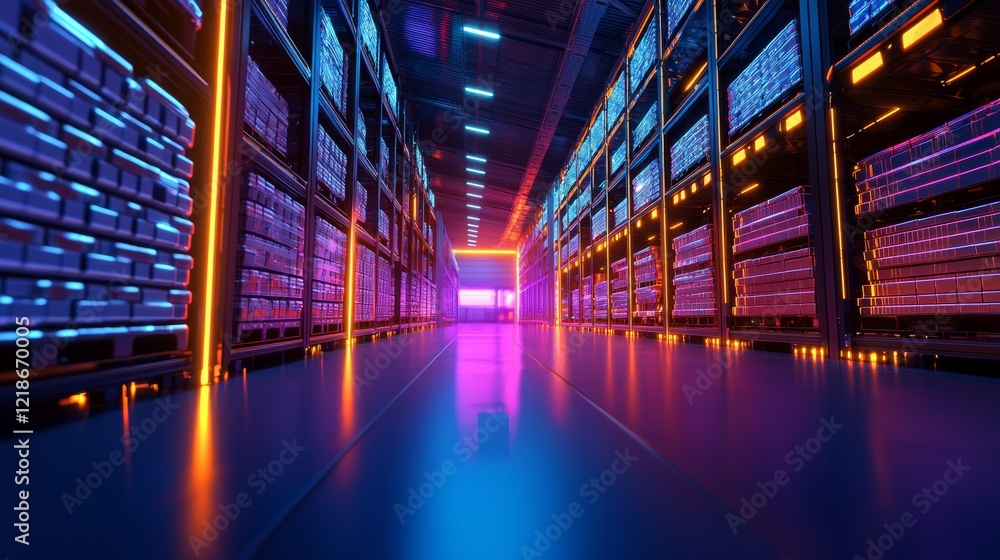 Aufkleber futuristic server room with vibrant neon lighting. rows of data servers illuminate the corridor with