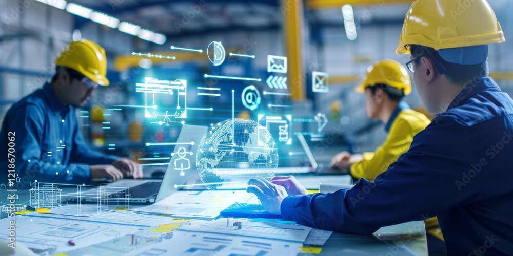 Aufkleber Engineers in a modern manufacturing environment use augmented reality for precision planning and data analysis. This high-tech approach enhances workflow efficiency in industrial settings.