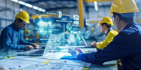 Engineers in a modern manufacturing environment use augmented reality for precision planning and data analysis. This high-tech approach enhances workflow efficiency in industrial settings.