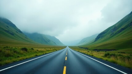 Asphalt ribbon unwinding through a misty valley, flanked by rolling verdant hills under a soft, pale sky, promising adventure and an open road ahead