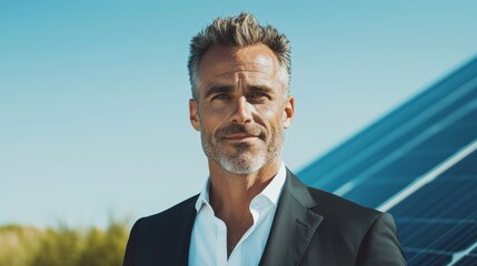 Confident Businessman Standing Proudly Near Solar Panels Under Clear Blue Sky