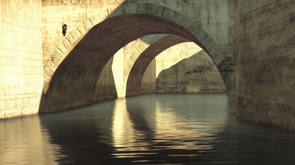Solitary Figure Scaling Ancient Stone Bridge Archways