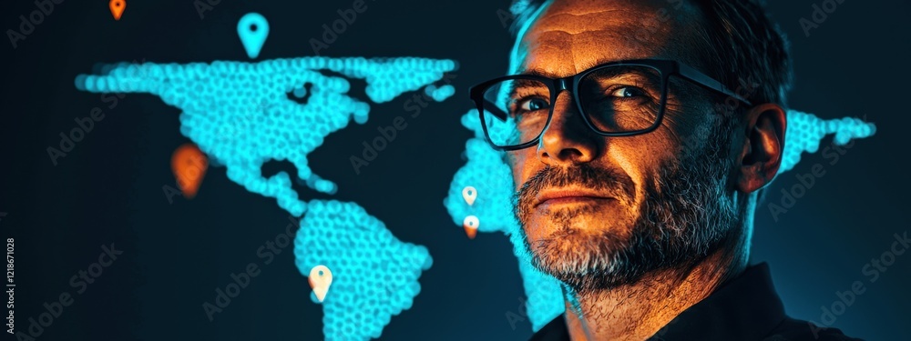 Poster business professional analyzing global data trends over a digital world map with geolocation pins in