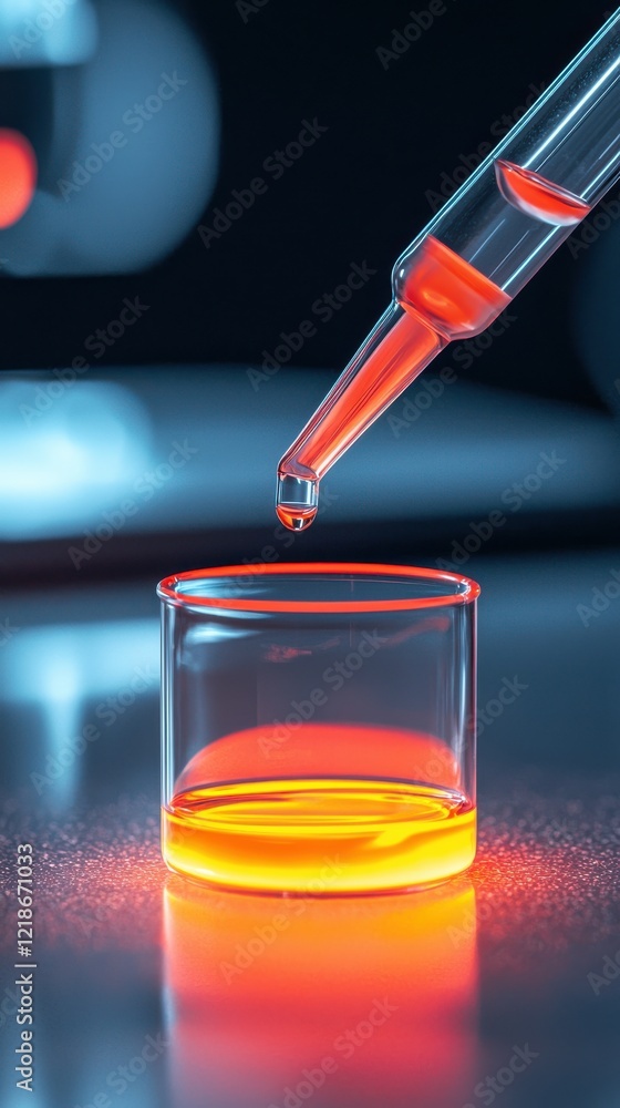 Poster precise liquid transfer with pipette into glowing test tube laboratory macro clean environment close
