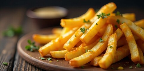 Golden crispy Peruvian fries with melted cheese and mayonnaise, sauce, condiment
