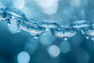 A close-up view of glistening water droplets connected in a chain, against a soft blue background, highlighting the beauty and clarity of water.