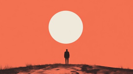 Silhouette of a person standing on a hill, gazing at a large white circle in a vibrant orange sky.