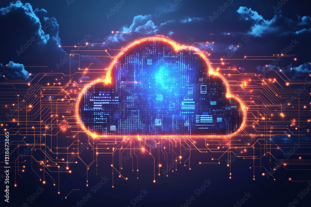 Poster cloud computing concept with glowing design and digital elements in a dark sky background