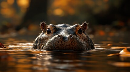 Fototapeta premium Hippopotamus head emerging from water, autumnal forest background
