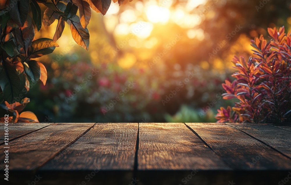 Poster wooden table surface in nature with warm sunlight glowing through leaves creating a serene atmospher