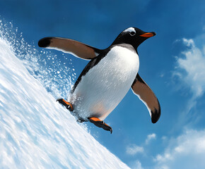 Fototapeta premium A penguin sliding down an icy slope, flapping its wings as it glides.