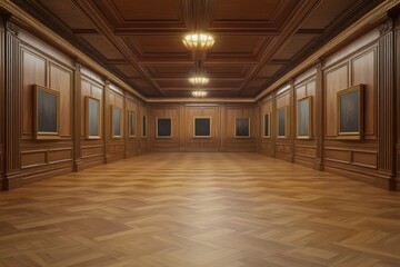 Grand gallery, art exhibit, wooden walls, parquet floor, elegant interior,  museum display