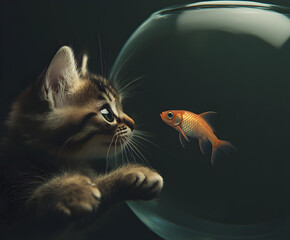 A kitten pawing at a fish swimming in a bowl, its movements gentle and curious.


