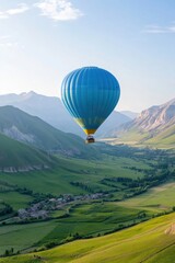 Naklejka premium Colorful hot air balloon soaring over a picturesque landscape at sunrise, capturing the spirit of adventure and freedom.