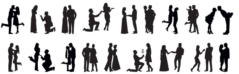 set of romantic couple silhouette dancing, kissing, proposing, making love and hugging.  