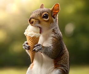 Obraz premium A squirrel holding an ice cream cone, licking the melting treat.