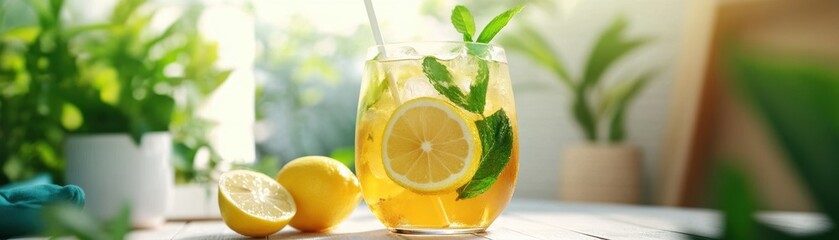 Refreshing iced tea with lemon and mint, perfect for a hot summer day.