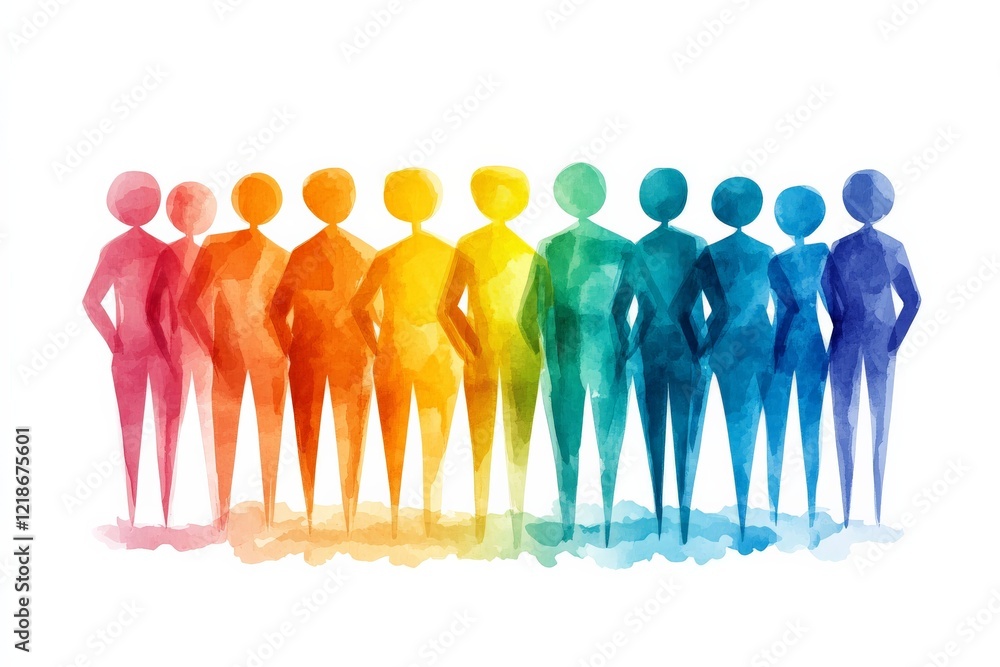Poster colorful silhouette figures standing in a line showcasing diversity and unity in a vibrant display