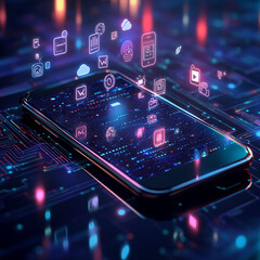 Neon Smartphone with App Connections in Dark Blue Background