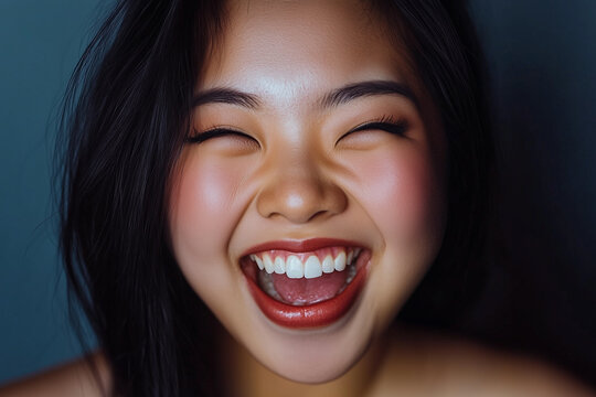 Bright Smile and Joyful Expression of a Young Woman Against a Dark Background in Soft Lighting