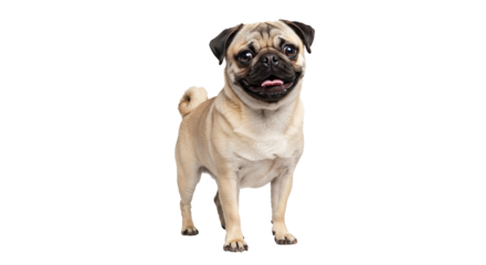Full body realistic cute dog pug, standing. Sticker isolated on PNG transparent background