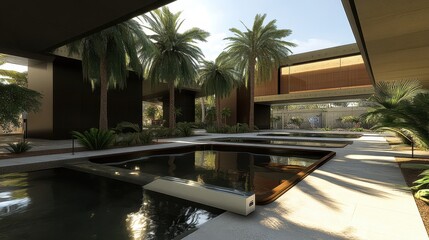 Modern Oasis Courtyard Design Featuring Palm Trees and Water Features