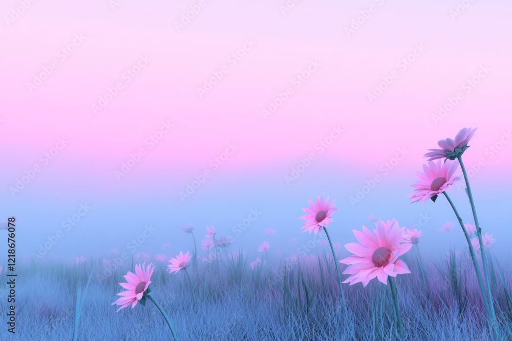 Poster a vast sunflower field at dawn, with a layer of morning mist hovering above the flowers and soft pin