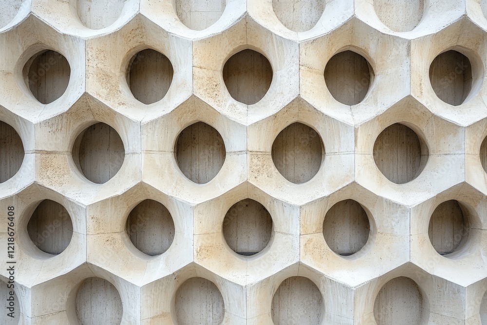 Poster intricate wall design showcasing honeycomb pattern with circular cutouts in modern architecture