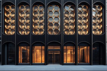 Naklejka premium Modern architectural facade featuring circular designs and warm lighting in an urban setting during early evening
