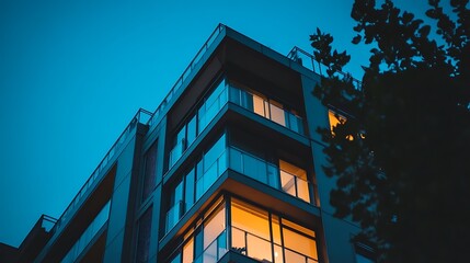 Fototapeta premium A lavish high-rise apartment complex shining under the night lights.
