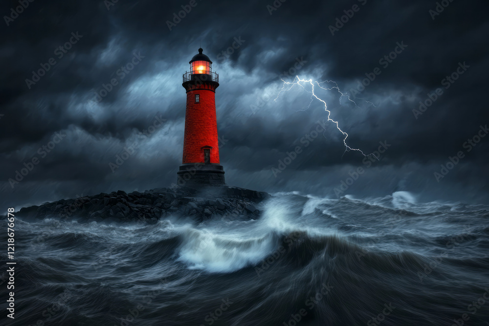 Poster a dramatic cliffside lighthouse during a storm, with waves crashing against the rocks and lightning 