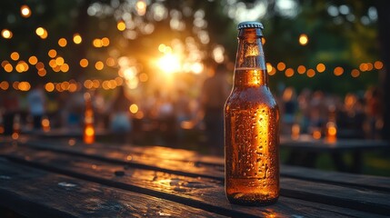 Sunset festival ambiance featuring a refreshing beer bottle on a wooden table